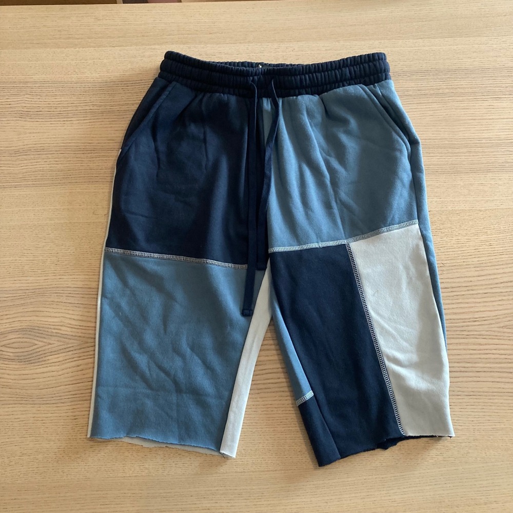 Rebel Vengeance Mens Blue Patchwork Skull Colorblock Shorts S Raw Hem Streetwear